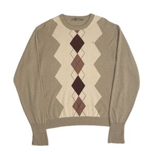 Raffi 100% cashmere beige cream burgundy argyle diamond knit sweater mens XXL
